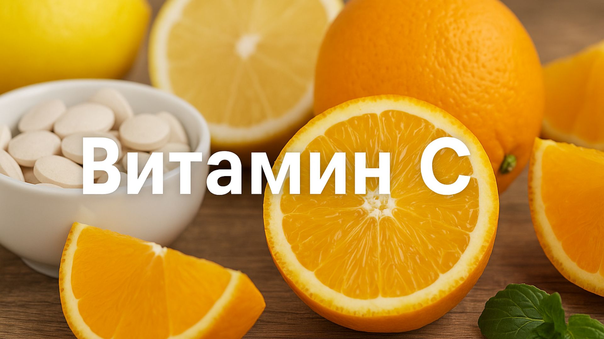 Разрязани портокали на масата заедно с таблетки Витамин C (Alt)