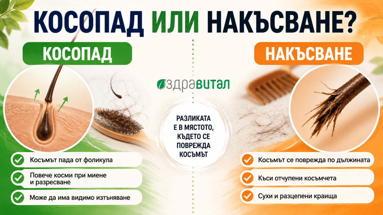 Инфографика, сравняваща косопад и накъсване на косата и показваща основните разлики между тях