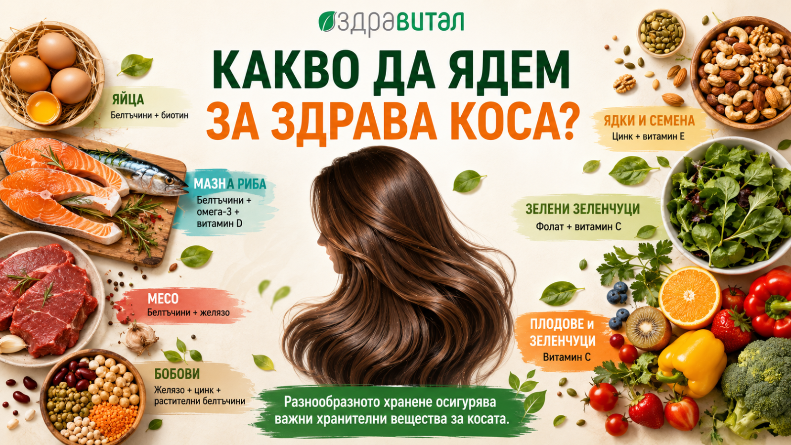 Инфографика с храни и хранителни вещества, важни за поддържането на здрава коса